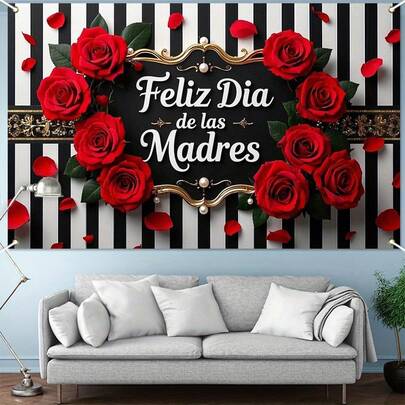 1pc Mother's Day Happy Banner, Featuring Black & White Stripes, Red Roses, Gold Frames & Pearl Accents - 2025 Spain Mother's Day Decor, No Entrance/Party Wall Hanging, Home Wreath