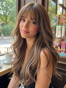 20 Inch Loose Wave Wig With Bangs, Ash Brown Blonde Highlight Synthetic Wig With Adjustable Strap Perfect Women Daily Party Use - Brown - View 1