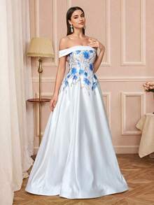 Đầm maxi dự tiệc không tay, hở vai, xòe rộng, chất liệu vải dệt, thanh lịch dành cho nữ, thích hợp cho đám cưới. - trắng - Xem 5