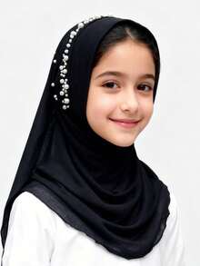 1pc Muslim Girls/Children Headscarf Shawl, Easy To Wear, Suitable For Outdoor Activities And Daily Use - Pearl Scarf - View 2