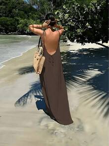 A Women's Solid Color Camisole Loungewear, Elegant Sleeveless Backless Long Dress, Summer Casual Wear, Women's Indoor Sleepwear, Beach Vacation Dress - 咖色 - 查看 4
