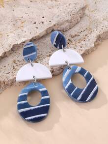 1 Pair Handmade Modern Geometric Blue & White Striped Textured Layered Geometric Design Earrings, Suitable For Beach Vacation, Daily Commute, Art Exhibitions - Blue and White - View 2