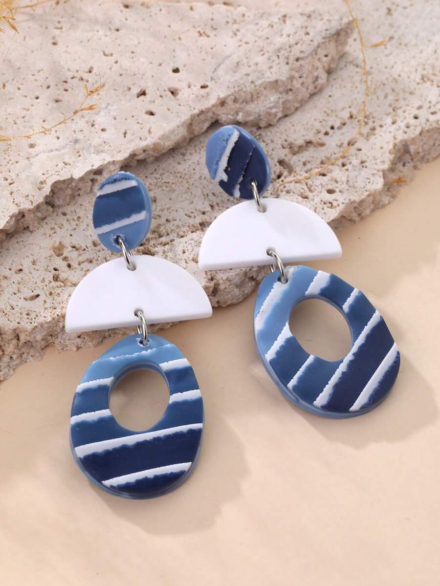 1 Pair Handmade Modern Geometric Blue & White Striped Textured Layered Geometric Design Earrings, Suitable For Beach Vacation, Daily Commute, Art Exhibitions