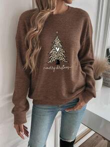 豹纹圣诞树图案，圣诞快乐，女士休闲时尚优雅仿毛衣，精致派对，舒适家庭聚会，日常休闲穿着 - 棕色 - 查看 5