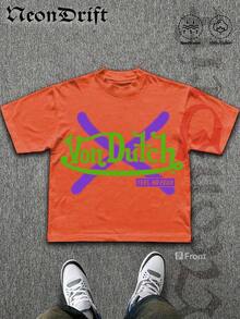 SummerNeonDrift Street Double-Sided Printing Cotton T-Shirt 100% Cotton Fabric Unisex Style-Men T Shirt Skull Graphic Print Neon Yellow Orange Cross Design Streetwear Fashion Casual Wear For Urban Style Fans Hip Hop Look Breathable 100 Cotton Comfortable FitLoose And Comfortablesummer Clothes - 橘色 2 - 查看 2
