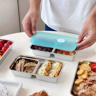 2pcs/1pc Reusable Food Container, Stainless Steel Single/Double Compartment Snack Box, Stainless Steel Airtight Lid, Snack Box, Condiment Dish, Divided Kimchi Container With Lid, Lunch Box, Dishwasher - Reusable Condiment Container With Lid, Essential For Home, Travel And Outdoor Camping