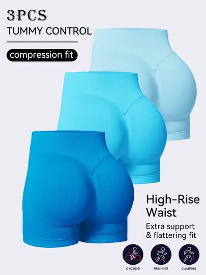 Conjunto de 3 peças de shorts femininos de cintura alta para ioga e exercícios, com cós largo e modelagem justa no quadril. Calças de malha sem costura com amarração no quadril, ideais para academia, corrida e atividades físicas ao ar livre. Calças respiráveis e altamente elásticas para ciclismo no verão.