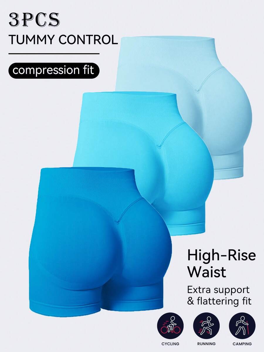 3条装女士高腰瑜伽运动紧身宽腰带短裤，无缝针织心形包臀裤，户外健身跑步运动裤，透气高弹力骑行裤，夏季