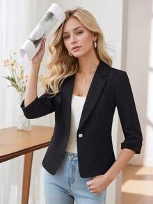 2026春夏黑色短袖西装外套，修身休闲时尚女式西装外套 - 黑色 - 查看 8