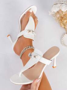Women's Round Toe Peep Toe Stiletto Heel Slide Sandals, White High Heel Sandals For Summer - White - View 1