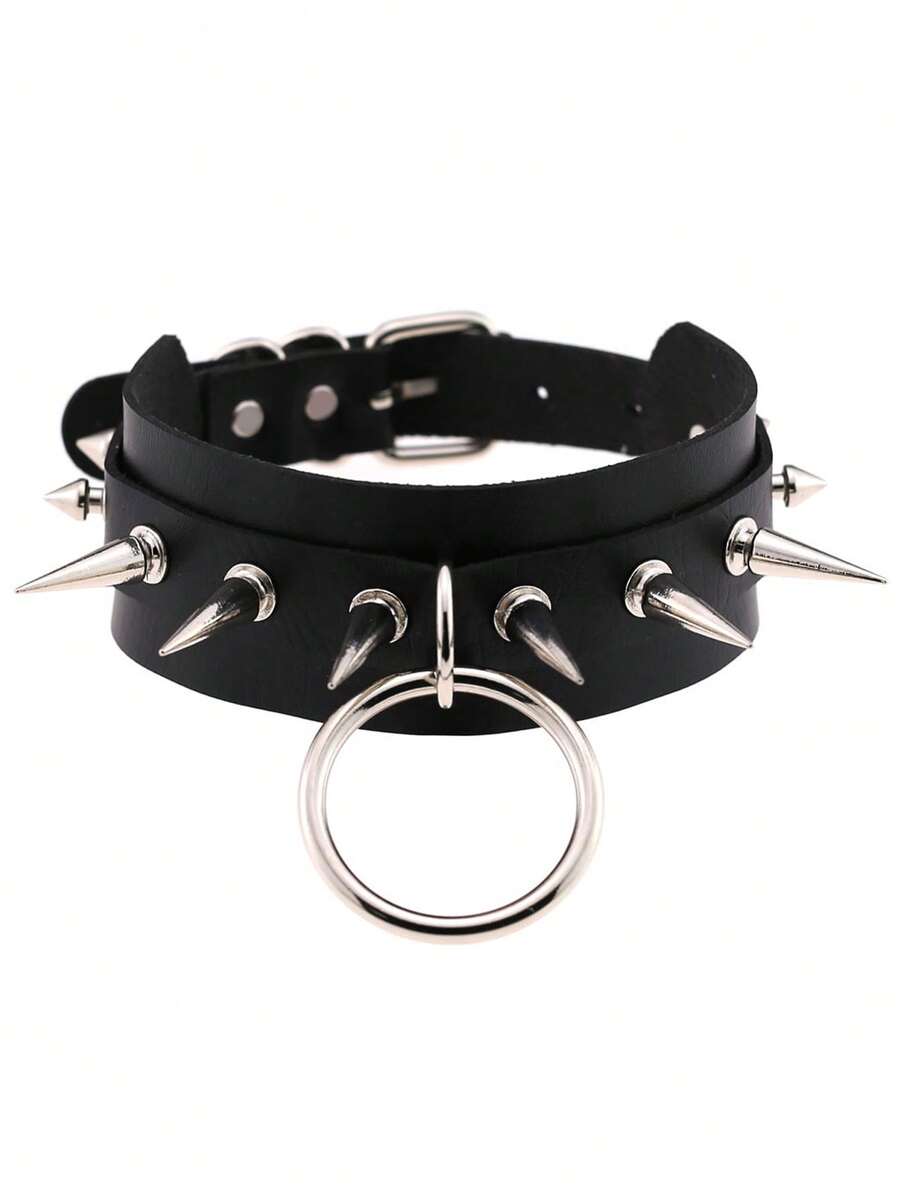 Colar Gargantilha de Couro PU Preto com Rebites Punk Goth, Adequado para Uso Diário, Festivais, Festas, Apresentações, Natal, Dia dos Namorados, Acessórios de Moda de Carnaval, Presente - Preto - Visão 1