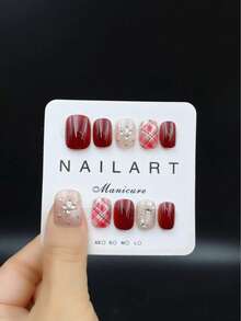 10片手工美甲贴纸，酒红色短椭圆形，时尚花香风格，法式美甲贴纸，美甲贴花，新年美甲，情人节美甲，UV凝胶美甲，夏季美甲，可佩戴美甲，优雅别致设计，高端法式风格，凝胶指甲油，闪粉，猫眼效果，金属光泽 - 酒紅色 - 查看 4