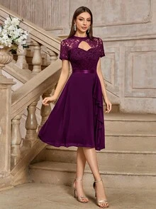 MIUSOL Đầm cocktail dáng xòe bằng chiffon, cổ cao, ren hoa, xếp ly bên hông, chất liệu ren hoa, thanh lịch cho mùa hè. - Màu Tím - Xem 5