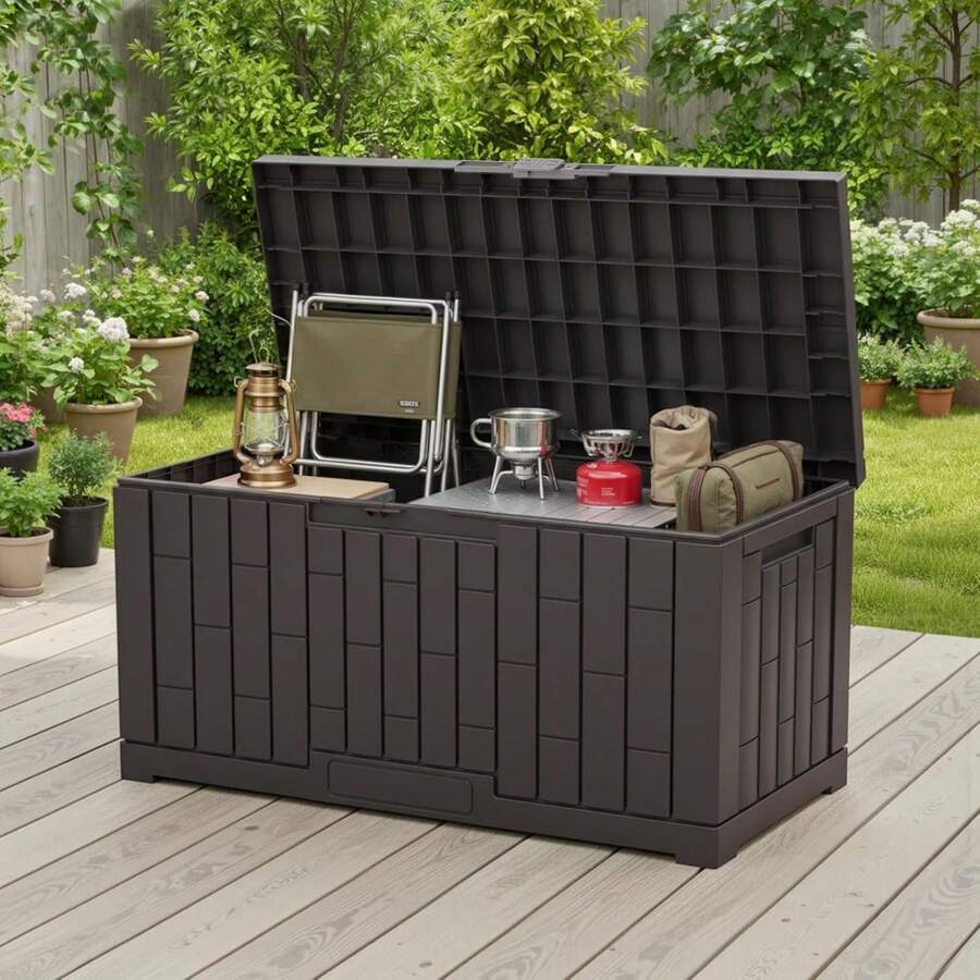 Sweetcrispy 60 Gallon Deck Box, Lockable Resin Outdoor Storage Box With Hundles, UV Resistant Waterproof Storage Bin For Patio Cushions Gardening Tools - 棕色 - 查看 1