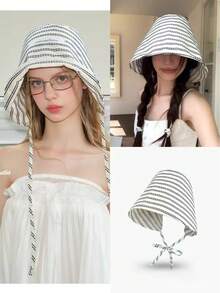 Mũ xô vành rộng kẻ sọc kiểu Pháp thời trang mới về, phong cách thường ngày, đa năng, chống nắng mùa hè, thoáng khí, kiểu dáng nhỏ nhắn, phong cách Hàn Quốc/Nhật Bản, mũ xô nhỏ nhắn được các ngôi sao mạng ưa chuộng. - Mũ khăn trùm đầu kẻ sọc - Xem 1