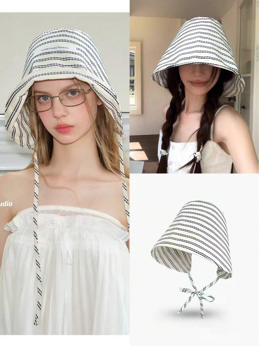Mũ xô vành rộng kẻ sọc kiểu Pháp thời trang mới về, phong cách thường ngày, đa năng, chống nắng mùa hè, thoáng khí, kiểu dáng nhỏ nhắn, phong cách Hàn Quốc/Nhật Bản, mũ xô nhỏ nhắn được các ngôi sao mạng ưa chuộng. - Mũ khăn trùm đầu kẻ sọc - Xem 1