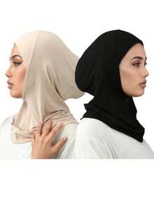 2pcs/Set Women Plain Zipper Hoodie & Cap Set, Elastic Convenient Hijab Cap Scarf Combo, Suitable For Daily Wear With Abaya - 2pcs/set - Zippered Bungee Cap - Black + Nude - View 3