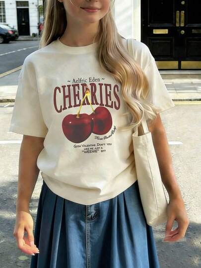 Tween Girls' Printed Short Sleeve T-Shirt, Student & Young Casual Tops For Summer Play