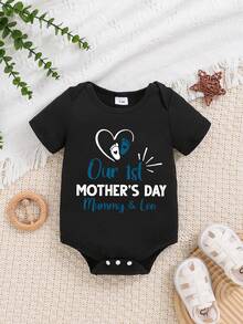 夏季男女宝宝母亲节休闲可爱字母印花圆领短袖连体衣 - 黑色 - 查看 1