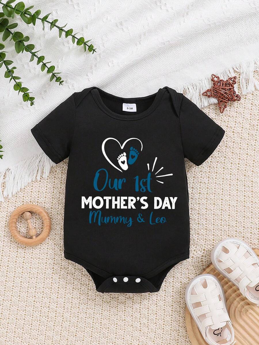 夏季男女宝宝母亲节休闲可爱字母印花圆领短袖连体衣 - 黑色 - 查看 1