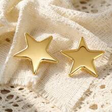 1 Par de Brincos Assimétricos Criativos Geométricos Banhados a Ouro com Pentagrama, Brincos Delicados em Tom de Ouro 18K Adequados para Uso Diário, Casamentos, Festas, Reuniões na Praia (Conjunto com 2 peças) - Dourado - Visão 3