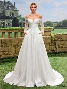 露肩奢华缎面婚纱，及地长裙设计，白色缎面长拖尾婚纱，教堂式婚纱，私密式婚纱 - 白色 - 查看 6