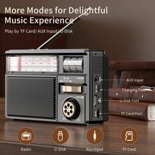 Radio Multiband Retro, Mendukung Koneksi Audio Nirkabel, Pengisian Daya Tenaga Surya dan Multi-Mode, Baterai Tahan Lama 1200mAh, Berbagai Mode Pemutaran - Hitam - View 2