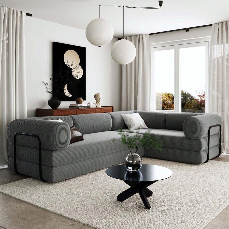 MERAX L-Shaped Modular Sofa Bed In Corduroy Fabric, Ideal For Living Rooms And Apartments, Gray - 灰色的 - 查看 1