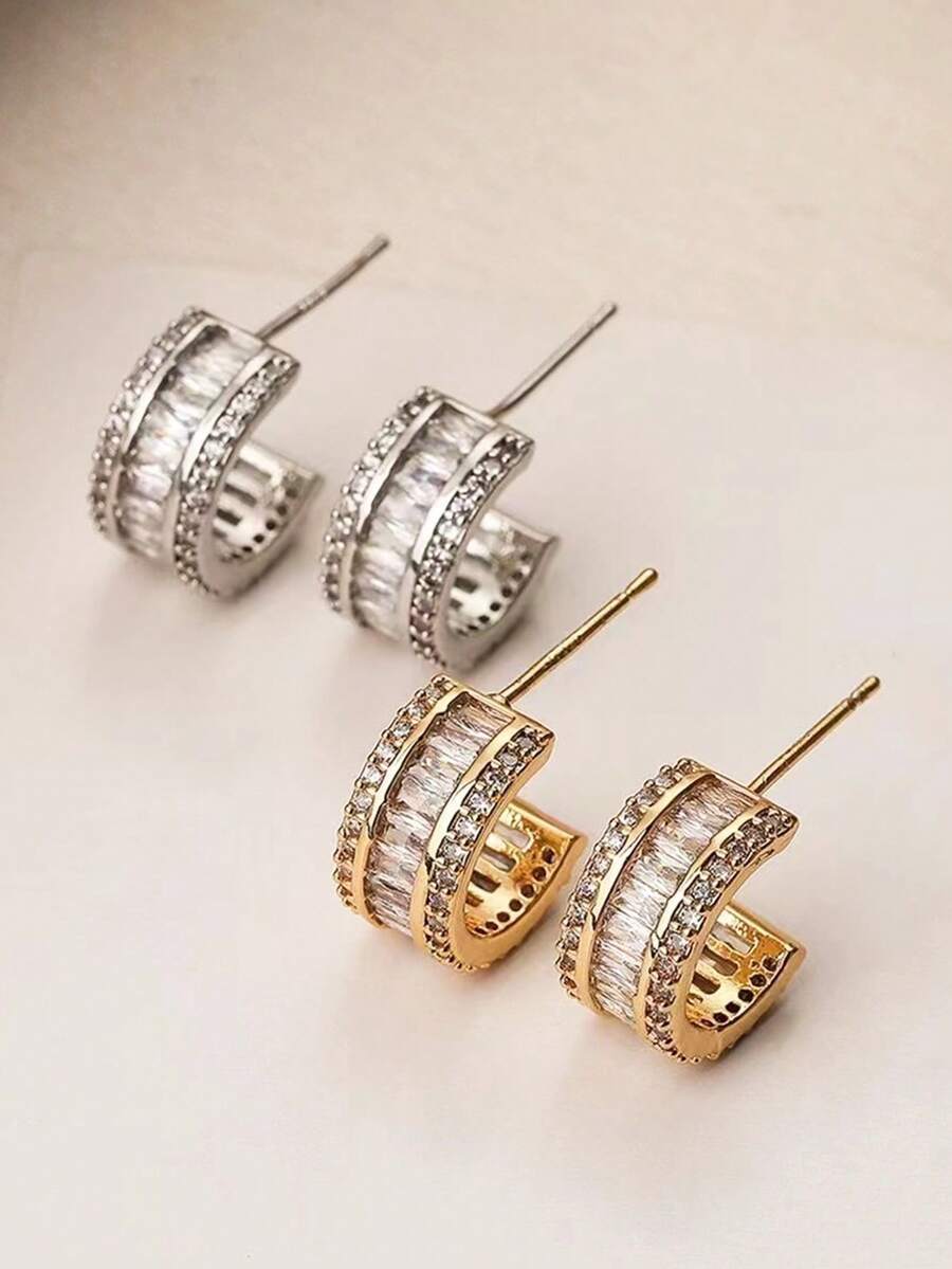 1 Pair Luxury Elegant Zirconia Inlaid Half-Circle Stud Earrings, Versatile High-Quality Earrings That Won't Fade - Multicolor - View 1