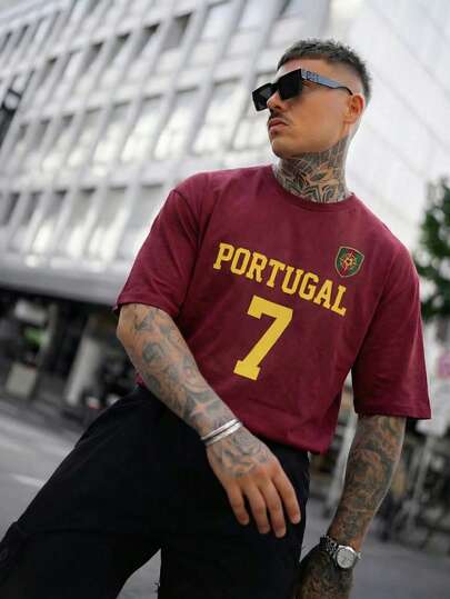 Men's Portugal Letter Slogan #7 Double-Sided Print T-Shirt, Casual Street Style Football Fan Jersey, Wine Red