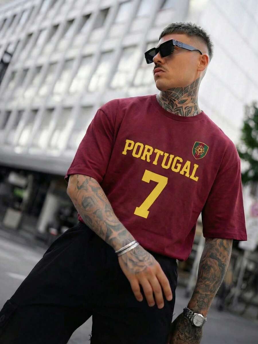 Men's Portugal Letter Slogan #7 Double-Sided Print T-Shirt, Casual Street Style Football Fan Jersey, Wine Red - Red - View 1