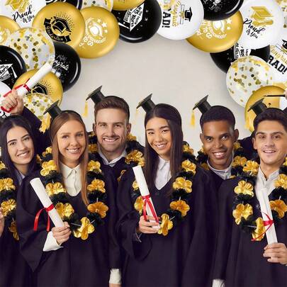 2/10pcs Graduation Cap Headband Leis Necklace Set Creative Bachelor And Doctoral Cap Headbands With Yellow Tassels Black Golden Flower Leis For Graduation Ceremonies Holiday Graduation Decorations