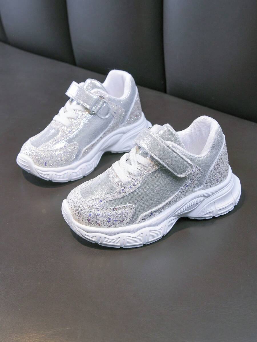 1 Pair Children's Sneakers, 2026 New Soft Sole Non-Slip Hook And Loop Small White Shoes, Boys/Girls Daily School Campus Running Casual Shoes - Silver - View 1