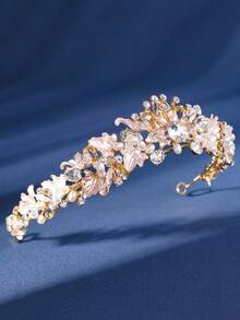 1pc Fashionable Crystal Flower Crown, Handmade Alloy Rhinestone & Pearl Princess Tiara Headband, Suitable For Birthday, Wedding, Party Occasions - Silver - View 12