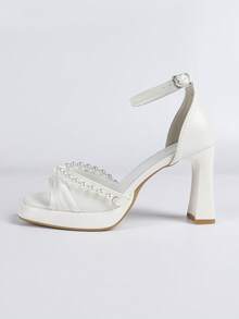 女鞋 女士方头喇叭跟厚底凉鞋，珍珠饰边踝带新娘款白色婚鞋 - 白色 - 查看 5