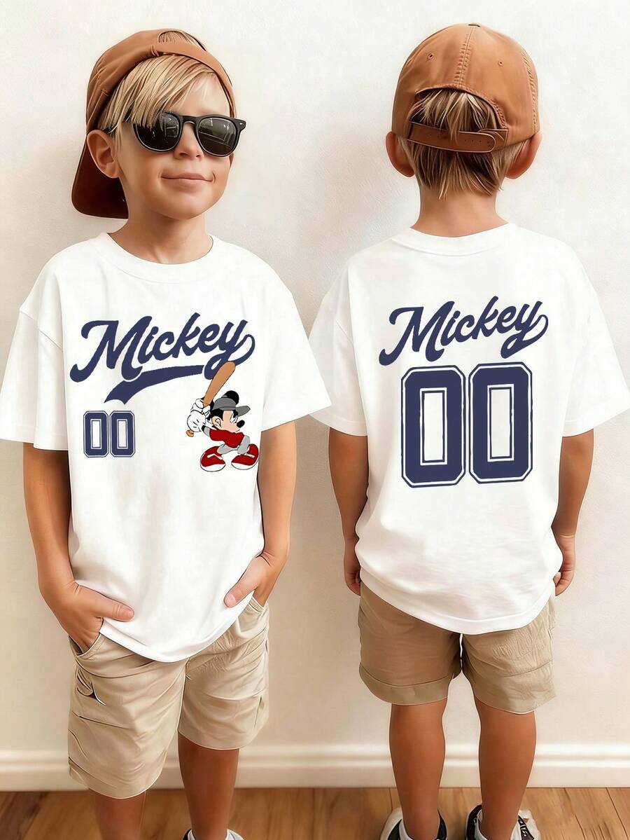 Disney Mickey Mouse Baseball Themed Cartoon Print, Casual And Simple Short Sleeved T-Shirt, Suitable For Spring And Summer Seasons, Suitable For Boys And Girls To Wear. Festival Gift - White - View 1
