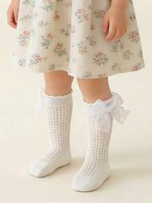 6 đôi tất cho bé gái, tất dài quá đầu gối bằng vải cotton ren lưới có nơ cho bé sơ sinh, tất dài công chúa cho bé sơ sinh. - Nhiều màu - Xem 3