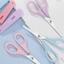Tri-Color Stainless Steel Scissors With Rounded Tips – Stainless Steel Blades With A Protective Cover. Portable Multi-Purpose Scissors In Pink, Purple, And Light Blue. Ergonomic Design Suitable For Office, School, Home, And Art Projects. Cuts Fabric, Paper, And Metal Wire. Decorative And Lightweight. - Multicolor - View 3