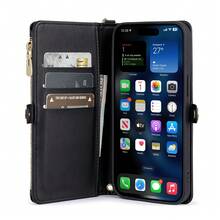 真皮钱包卡套 PU 翻盖手机壳，兼容 Air 17 16 15 14 13 12 11 XR Pro X XS Max XR Plus SE 5G 2020 2022，带挂绳钱包卡套，华为 P30 钱包翻盖手机保护套，Galaxy S25 S23 SS22 S21 S20 S24+ Ultra FE S10e A90 M52 M12 A73 A55 A04 Mi 15 14T Poco M6 X6 F3 Note 14 12C G84 11 Nord3，春季礼物生日派对手机壳，国际版，非国内版 - 黑色 - 查看 2