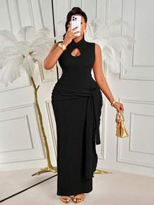 BIUBIU Vestido longo formal de verão elegante, preto, casual, sem mangas, com gola alta e franzido. - Preto - Ver 2