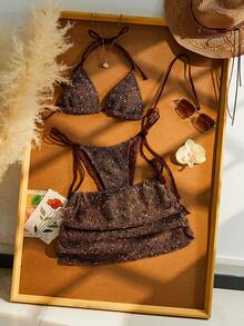 Bộ bikini đi biển 3 mảnh mùa xuân/hè 2026 dành cho nữ, áo bikini buộc dây sau cổ bằng ren móc kết hợp với váy che phủ kiểu boho bằng ren móc, thích hợp cho bãi biển, kỳ nghỉ và tiệc bể bơi. - nâu nhạt - Xem 2
