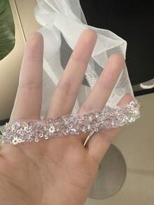 1 pieza Velo de novia hecho a mano con cuentas y lentejuelas, longitud hasta los dedos de tul blanco suave, adecuado para bodas, fotografía de bodas, despedida de soltera, incluye peine de metal para el cabello - V282 - Ver 6