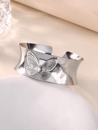 1 pieza Brazalete de mujer de acero inoxidable color plata con textura de mariposa geométrica y punky de circonita, regalo de joyería para pareja de fiesta de boda 2026 Nuevo