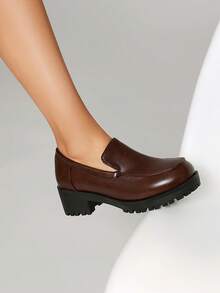 Women's Brown Oxford Shoes With Molded Soles, Low Vamp Thick Soles, Fashion Minimalist Elegant Commuting Casual Round Toe Thick Heel Mary Jane Shoes, Versatile Pair With Dresses - Brown - View 2