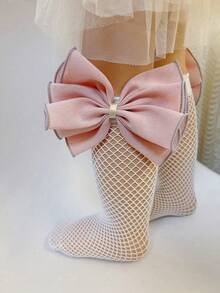 1pair Children's White Mesh Socks With Bow Detail - White - View 1