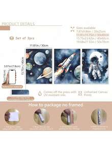 Bộ 3 tranh canvas chủ đề phi hành gia và không gian - Khung gỗ chống thấm nước, thích hợp trang trí phòng ngủ, phòng khách, văn phòng và ký túc xá, tranh áp phích, tranh treo tường, trang trí phòng, quà tặng sinh nhật và tốt nghiệp. - Nhiều màu - Xem 18
