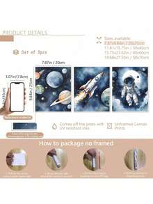 Bộ 3 tranh canvas chủ đề phi hành gia và không gian - Khung gỗ chống thấm nước, thích hợp trang trí phòng ngủ, phòng khách, văn phòng và ký túc xá, tranh áp phích, tranh treo tường, trang trí phòng, quà tặng sinh nhật và tốt nghiệp. - Nhiều màu - Xem 15