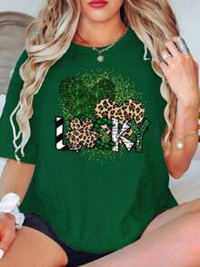 Shiny Clover Pattern Leopard Print "LUCKY" Letter Print + Small Size Short Sleeve Women's Top + Plus Size Short Sleeve Women's Top + Fashion Round Neck T-Shirt, Spring Summer Women's Top-Valentine Gift ST Patrick' S Day - 綠色 - 查看 2