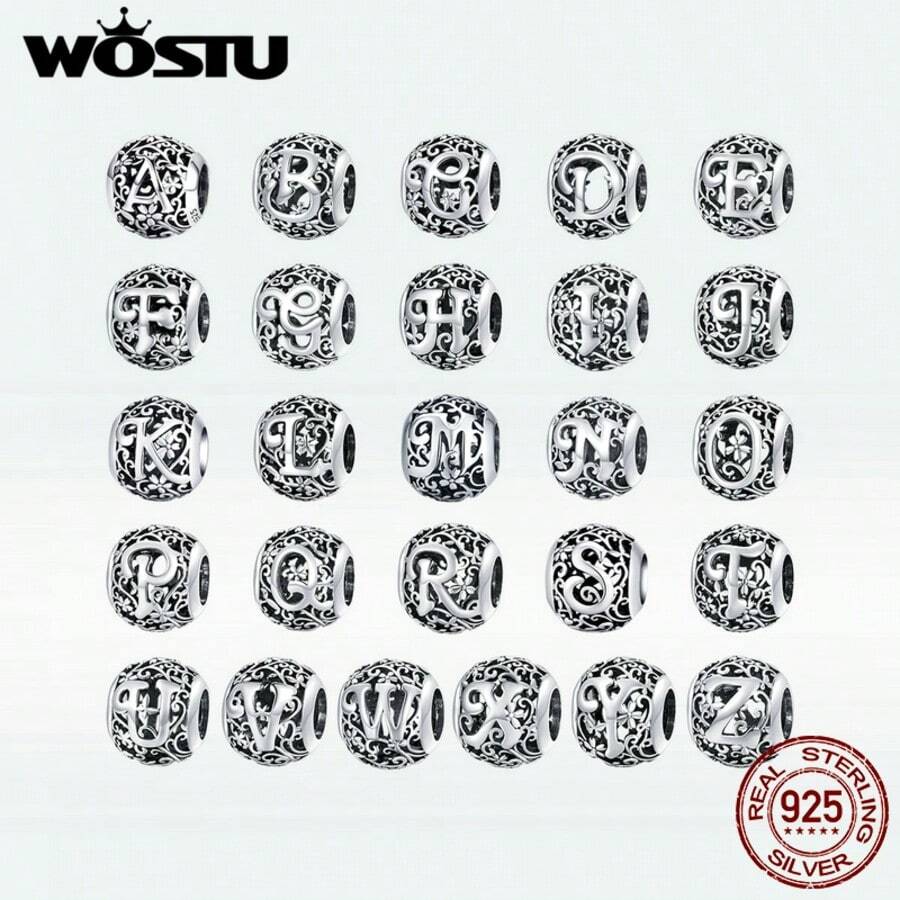 WOSTU 1件复古925纯银26字母A-Z系列吊坠，适合搭配银手链或手镯，精致珠宝礼品