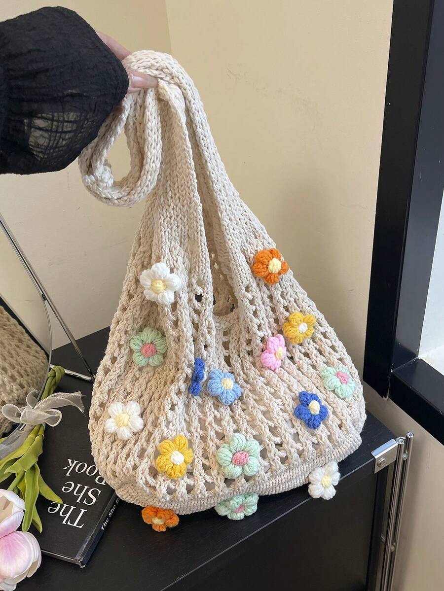 Large Capacity Hollow Vacation Beach Woven Tote Bag, Shoulder Handbag, Crochet Woven Bag - Beige - View 1